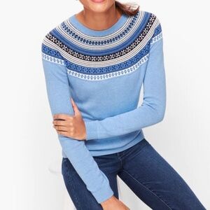 Talbots Fair Isle Yoke Crewneck Sweater Blue 1X Preppy Fall Winter Casual Cozy